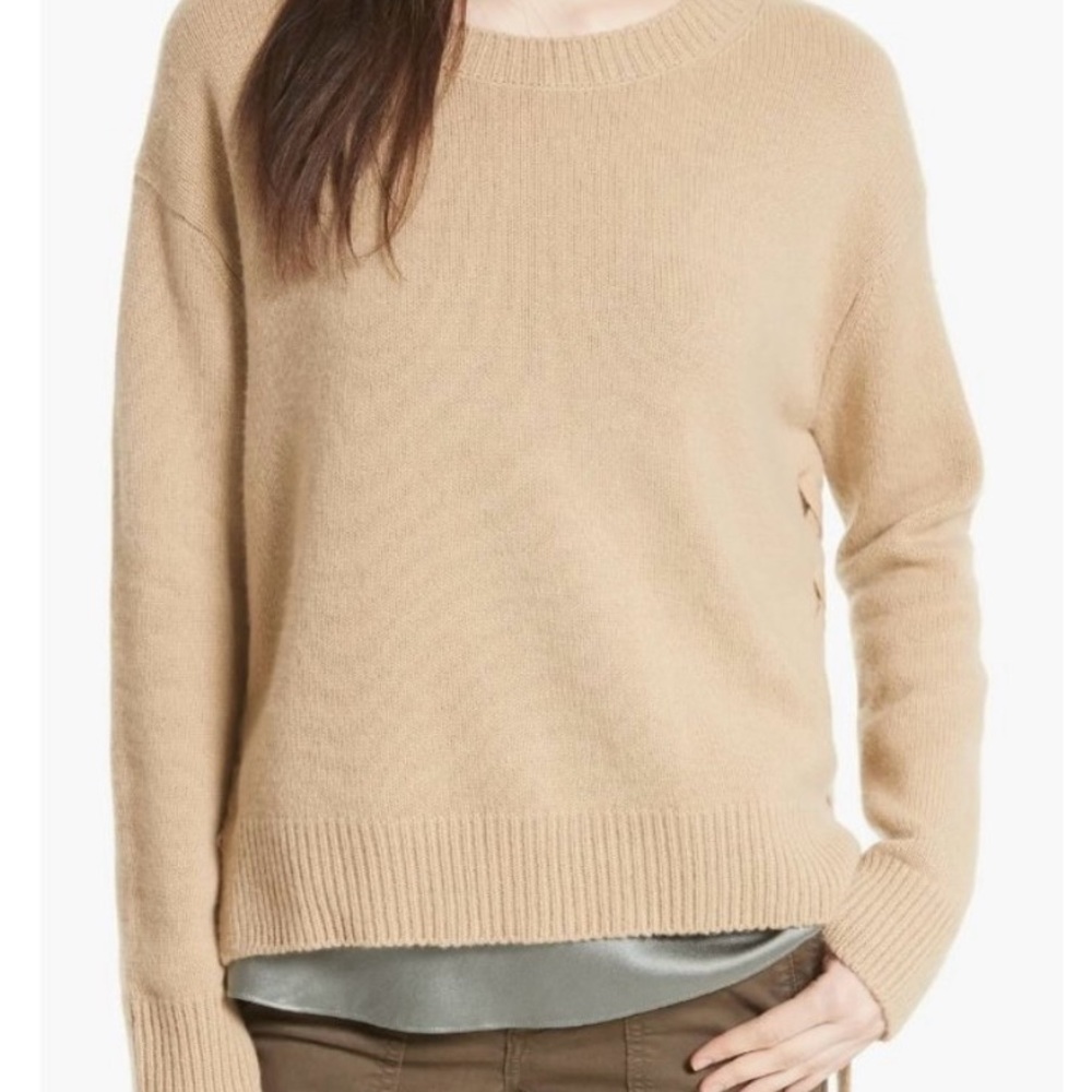 VINCE Lace Up Cashmere Pullover in Camel Size: L - Picture 2 of 7